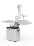Easy Pedestal robot arm stand in white steel, featuring a controller cabinet and three flat worktables for cobots
